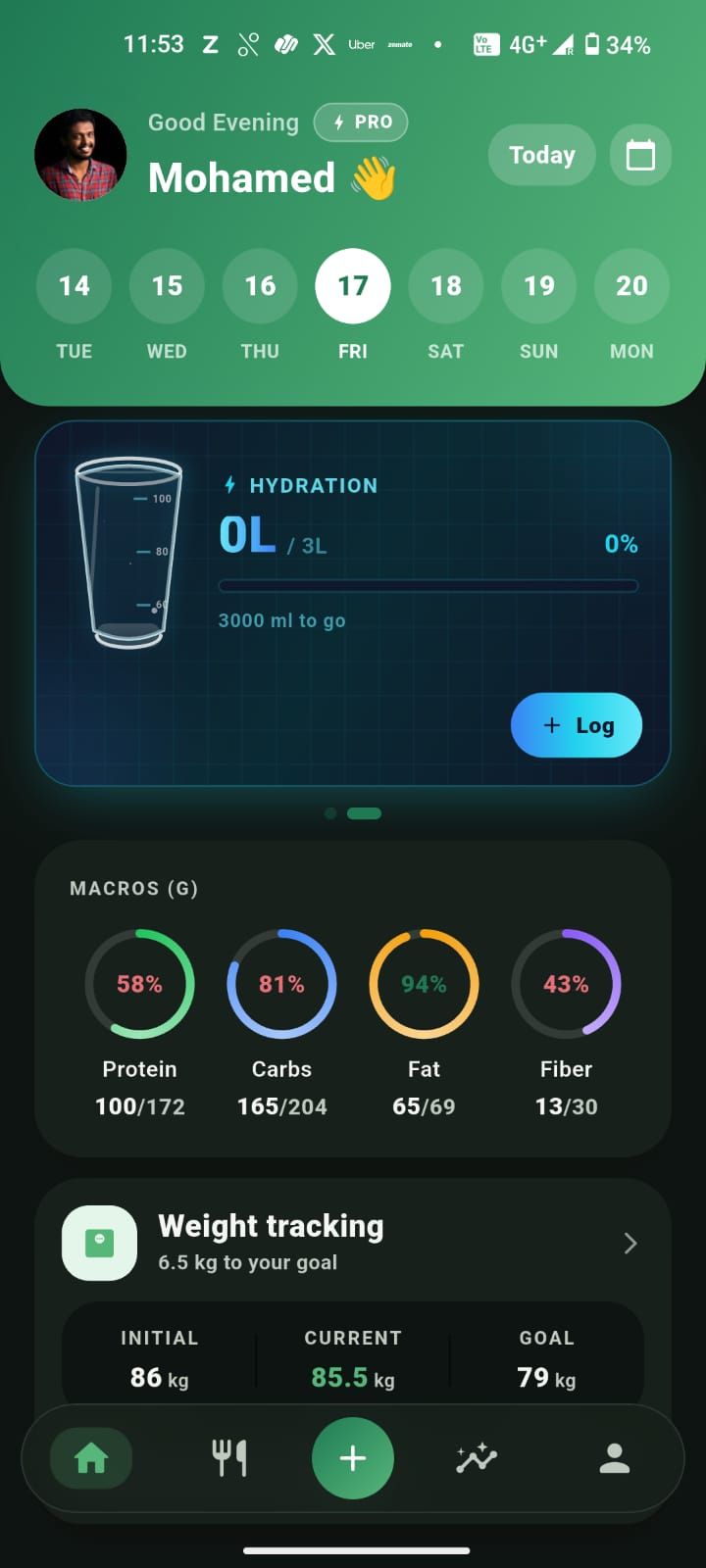 Home dashboard showing the hydration tracker, macros, and weight trend