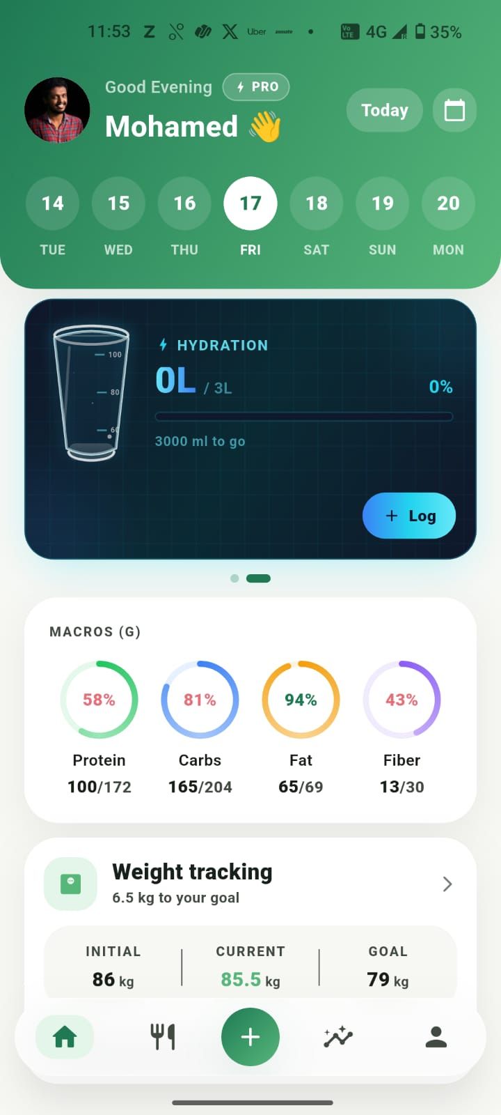 Home dashboard showing the hydration tracker, macros, and weight trend