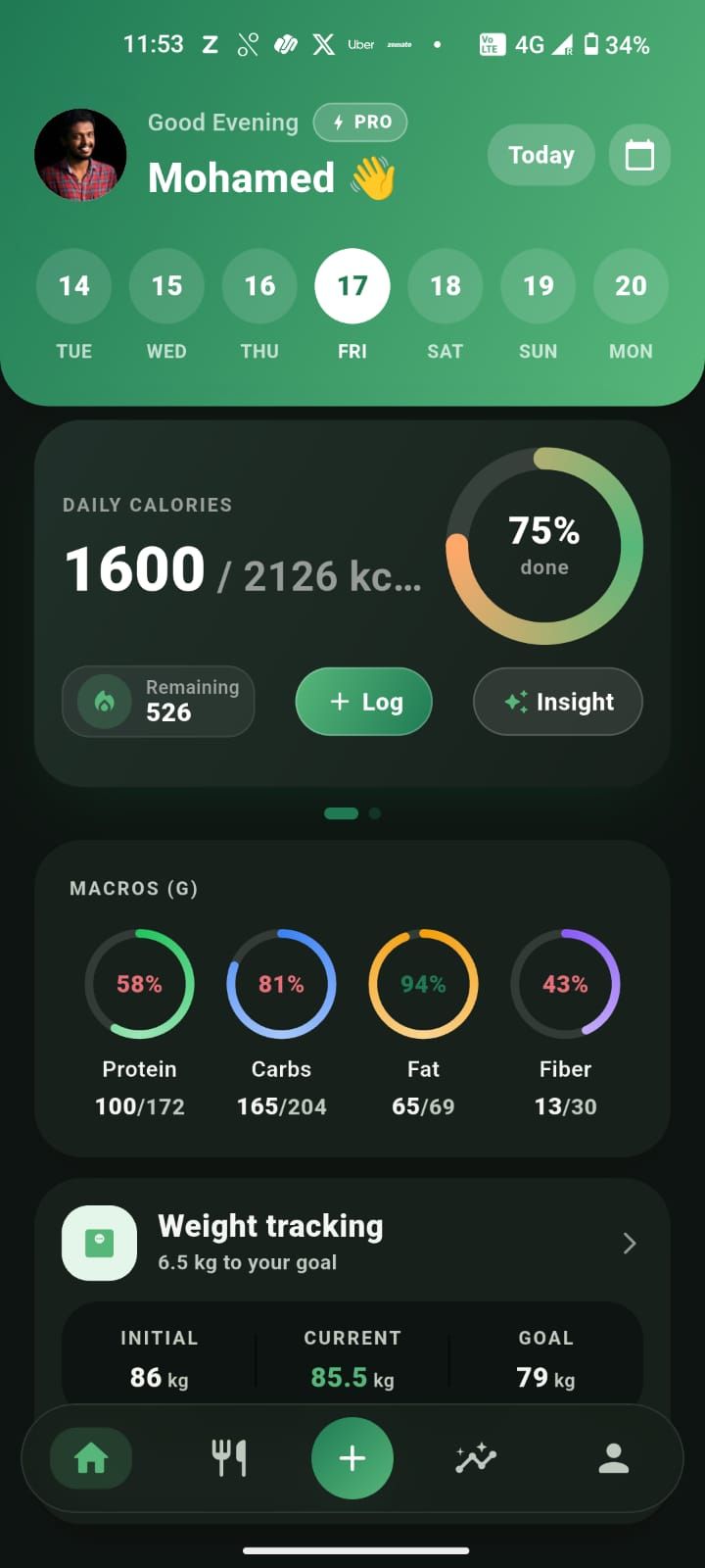 Zaalios home dashboard in dark mode showing today's calories, macro rings, and weight trend