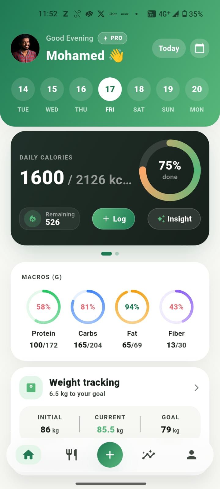 Zaalios home dashboard showing today's calories, macro rings, and weight trend