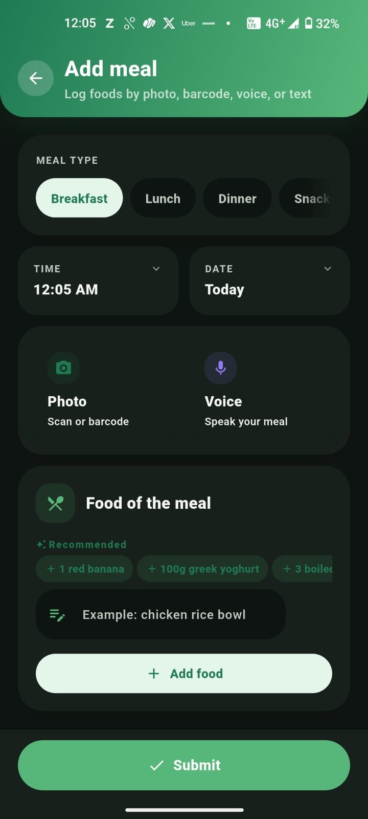Adding a meal by describing it in plain language