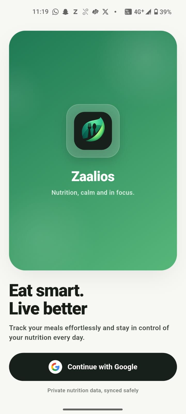 Zaalios welcome screen