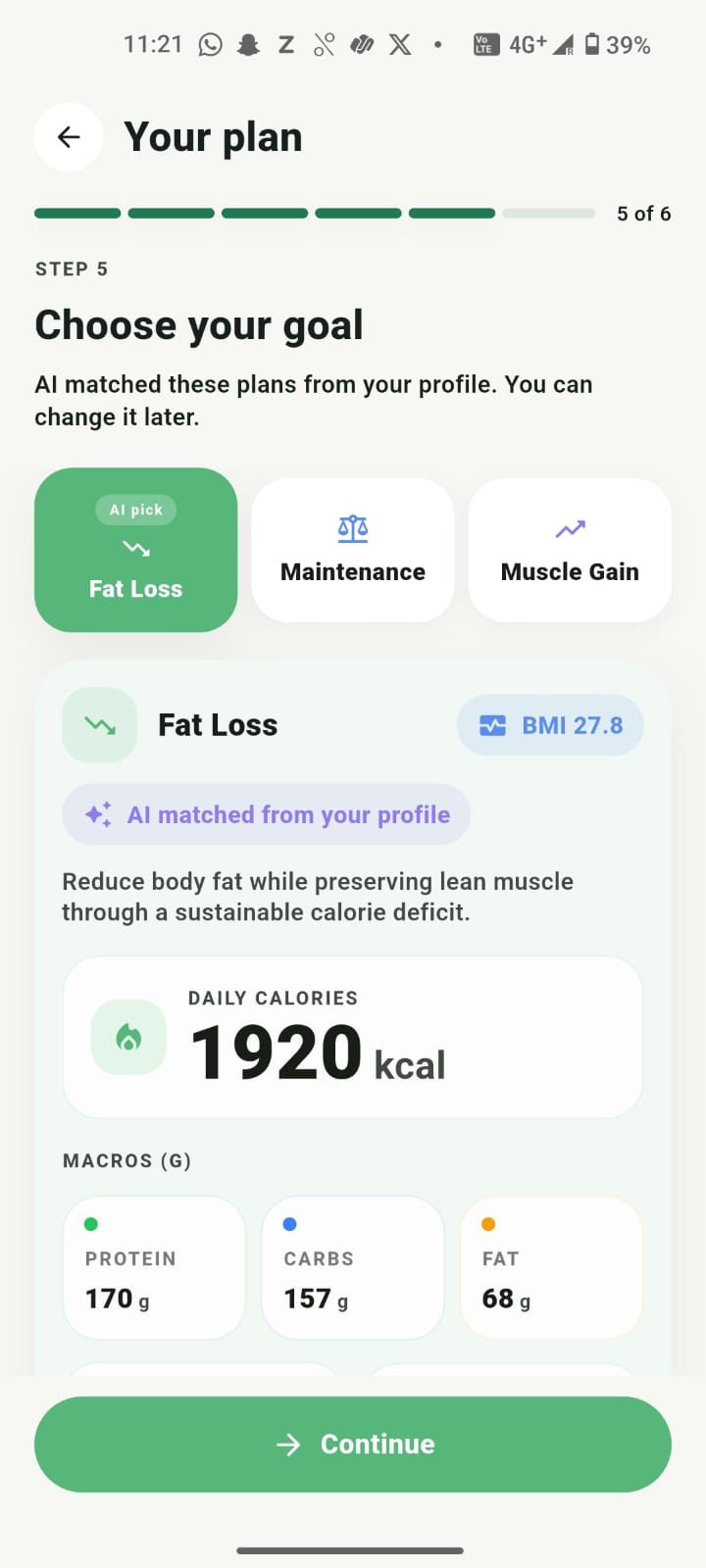 Choosing a goal with an AI-matched calorie and macro plan