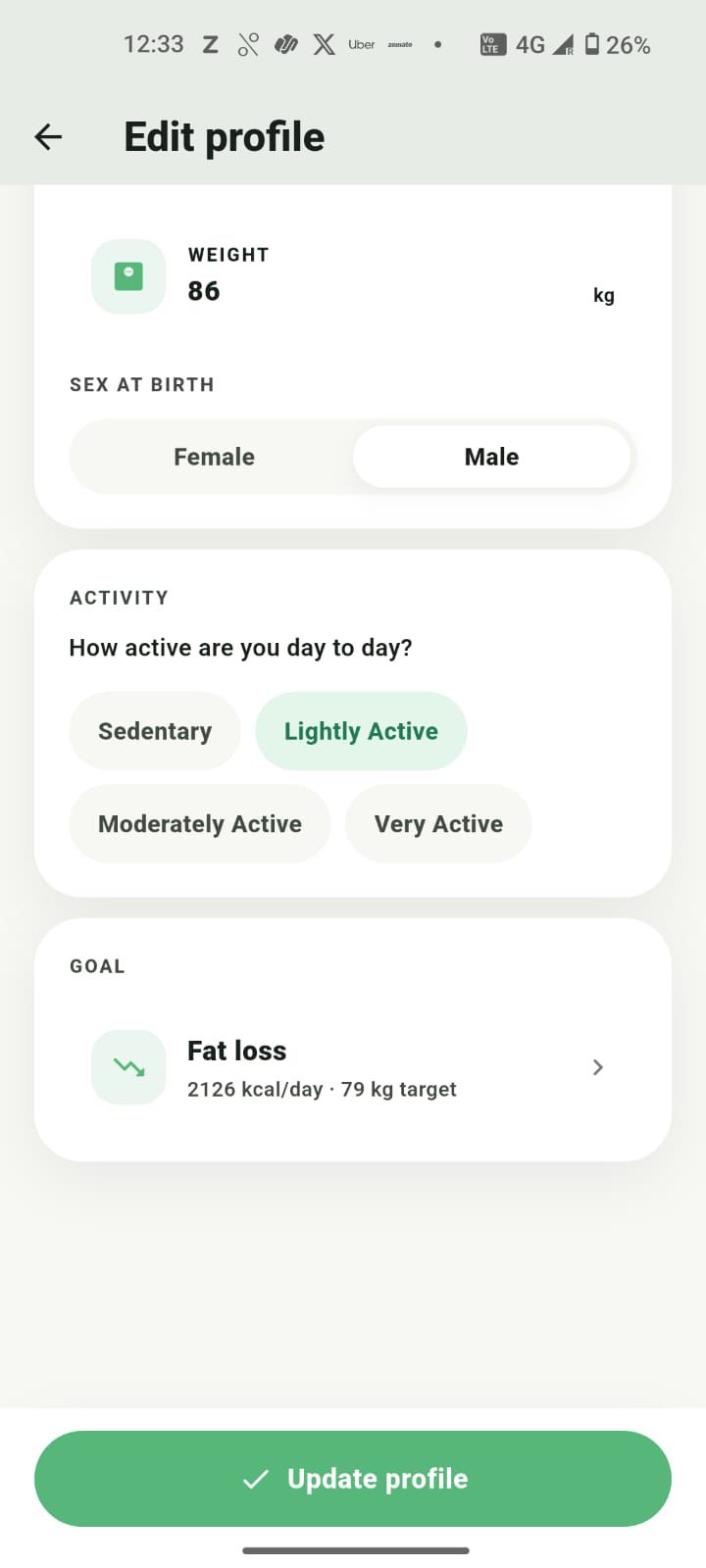Setting your activity level and goal target